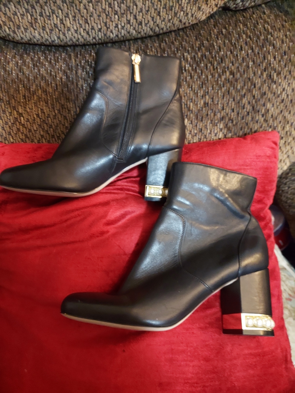 Karl Lagerfeld Black Leather Ankle Boots with Gold Heel Detail